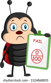 Lady bug with bad grade, illustration, vector on white background.