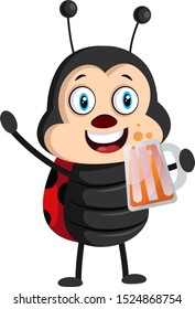 Lady bug with beer, illustration, vector on white background.