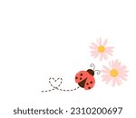 Lady bug cartoon with heart dot line and pink flower isolated on white background vector illustration. Cute childish print.