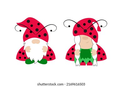 Marienkäfer-Pärchen einzeln auf weißem Hintergrund. Junge und Mädels. Handgezeichnete Ladybug-Zwerge für Frühling und Sommer. Vektorgrafik