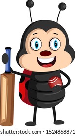 Lady bug with cricket bat, illustration, vector on white background.