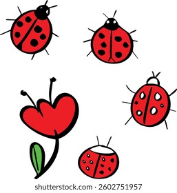 lady bug with flowers doodle kid drawing set. Vector illustration
