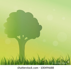 El insecto Lady y el fondo de hierba verde de primavera fresca. Ilustración vectorial.