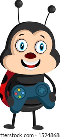 Lady bug with gamepad, illustration, vector on white background.