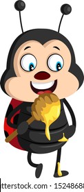 Lady bug with honey, illustration, vector on white background.
