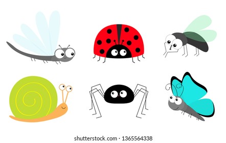 Lady bug ladybird Fly Housefly Spider Butterfly Dragonfly Snail insect icon set. Baby kids collection. Cute cartoon kawaii funny character. Smiling face. Flat design. White background. Vector