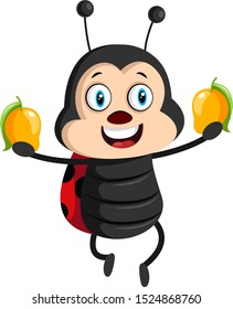Lady bug with mangos, illustration, vector on white background.