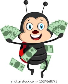 Lady bug with money, illustration, vector on white background.
