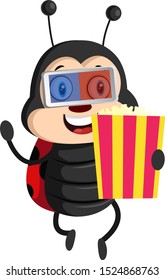 Lady bug with popcorn, illustration, vector on white background.