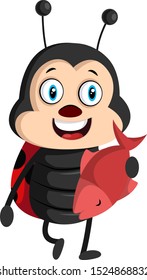 Lady bug with red fish, illustration, vector on white background.