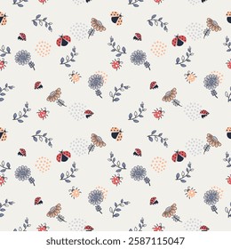 Lady bug seamless pattern with hand drawn floral ornament on a background. Pattern for printing on clothing, fabric, wrapping paper, flower background, wallpaper. Pastel spring background.