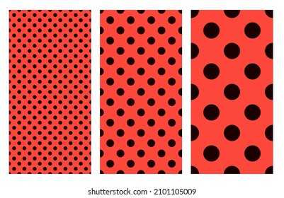 Lady bug seamless pattern set. Collection of polka dot retro vector background. Fabric swatch with black circles on red. Ladybug repeat tile. Wild life nature print. 
