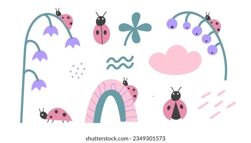 Lady bug set with flowers, abstract elements and rainbow. pastel colours children illustration