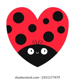 Bicho de señora en forma de corazón. Insecto volador rojo. Patrón de puntos negros. Caricatura linda kawaii personaje divertido del bebé. Feliz día de San Valentín. Tarjeta de felicitación del amor. Estilo infantil Fondo blanco Vector de diseño plano