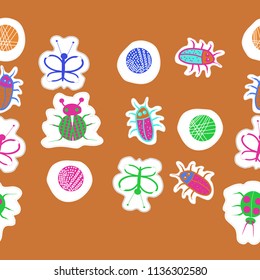 Lady bugs, beetles, butterflies,abstract shapes, doodles,dotted lines, labels  seamless pattern. Hand drawn.