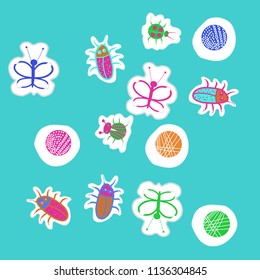 Lady bugs, beetles, butterflies,abstract shapes, doodles,dotted lines, labels pattern. Hand drawn.