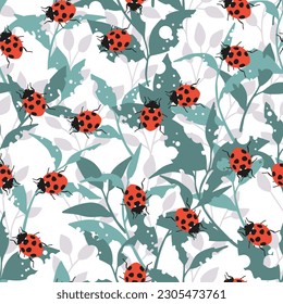 Lady Bugs on Leaves with Holes Vector Graphic Seamless Pattern can be use for background and apparel design