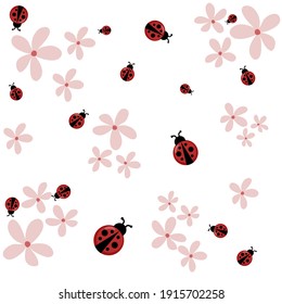 Lady bugs with pink flowers white background 