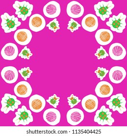 Lady bugs,abstract shapes, doodles,dotted lines, labels pattern. Hand drawn.