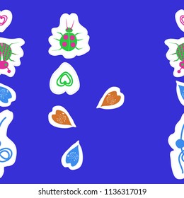 Lady bugs,leaves, scribble, hearts, doodles,dotted lines, labels seamless  pattern. Hand drawn.