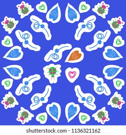 Lady bugs,leaves, scribble, hearts, doodles,dotted lines, labels pattern. Hand drawn.