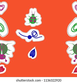 Lady bugs,leaves, scribble, hearts, doodles,dotted lines, labels seamless  pattern. Hand drawn.