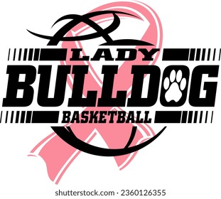 lady bulldog basketball team design with pink cancer ribbon for school, college or league sports