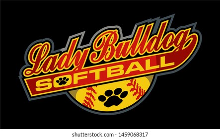 lady bulldog softball team design in script with ball and paw print for school, college or league