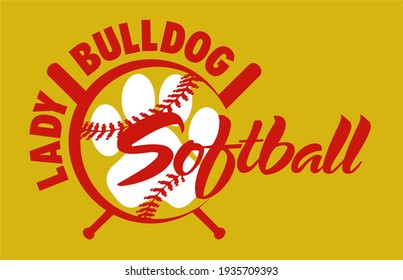 lady bulldog softball team design with paw print inside ball for school, college or league