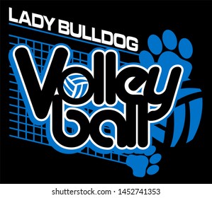 lady bulldog volleyball design with paw prints and net for school, college or league