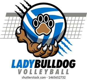 lady bulldog volleyball design with paw holding ball and net for school, college or league