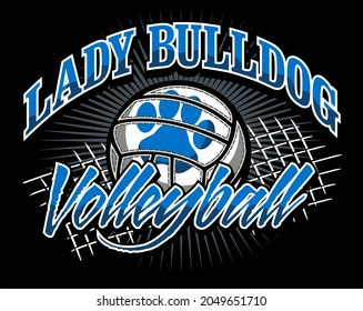 lady bulldog volleyball team design with paw print inside ball and net for school, college or league