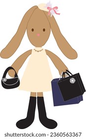 Lady bunny carrying lots of shopping bags. Luxury shopping. hand drawn style vector design illustrations.