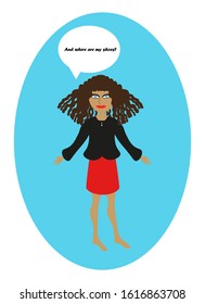 A lady in a business suit is looking for her shoes