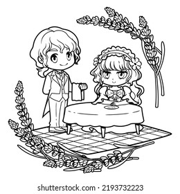 Lady and butler line art, doodle, Gives a feeling of cuteness perfect to decorate on tangible products such as shirts, bags, mug, coloring book for children or used for as part of your design.