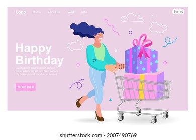 Lady buying birthday present. Woman or customer with shopping cart and gift boxes. women taking part in seasonal sale at store. Summer sale. Offer Announcement Concept. Vector Illustration.