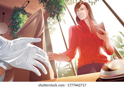 The lady is buying goods in the shop and makes a cashless payment in vector illustration.