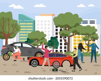 Lady calling emergency roadside assistance, car mechanic changing tyre, flat vector illustration. Insurance accident.