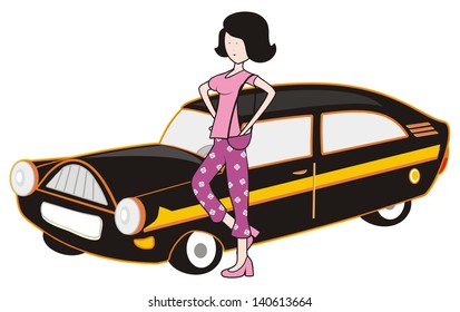 lady and car, vector icon