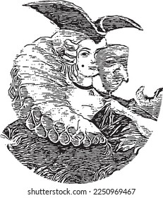 Lady in carnival costume of 18th century with mask. Engraved style. Symbol for logo, t-shirt print or tattoo