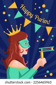 Lady in the carnival mask and costume on jewish Purim holiday, vector banner, poster, invitation and greeting card.