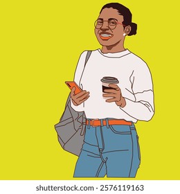 A lady carrying a stylish grey bag over her shoulder, holding a coffee cup in one hand and a cell phone in the other, exuding confidence and elegance in a casual, modern setting.