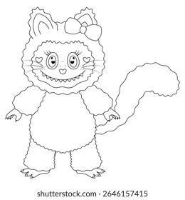 Gato senhora. Gatinho bonito com um arco na orelha. Esboço. Ilustração vetorial. Gato malvado fofo com corações nos olhos, bigodes e cauda. Contorno em um estilo Doodle de plano de fundo branco isolado
