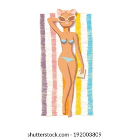 Lady cat on a beach, doodle style sketch, isolated vector illustration. 