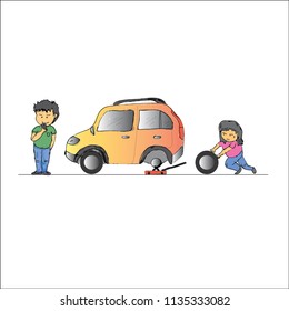 A lady changes a tire and a man waits