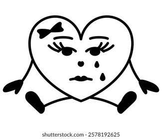 Lady character - heart sits and cries. Woman in the form of love symbol. Sadness on the face, tears dripping from the eyes, hands on the sides, bow decoration. Sketch. Vector illustration. 