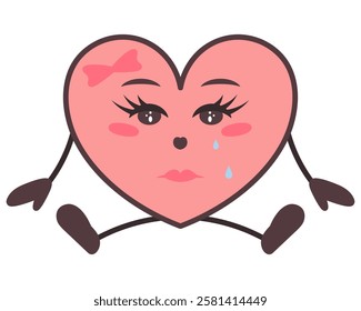 Lady character - heart sits and cries. Woman in the form of pink love symbol. Sadness on the face, tears dripping from the eyes, hands on the sides, bow decoration. Color vector illustration. Kawaii.