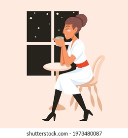 A lady character in white dress and black high knee boot drinking a cup of hot coffee next to a window at night sky with stars. Minimalist vector illustration. Thinking, meditating, relaxed concept.