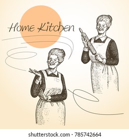 Lady Chef. Cooking. Vintage Vector Illustrations