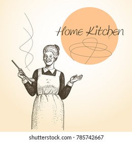 Lady Chef. Cooking. Vintage Vector Illustrations